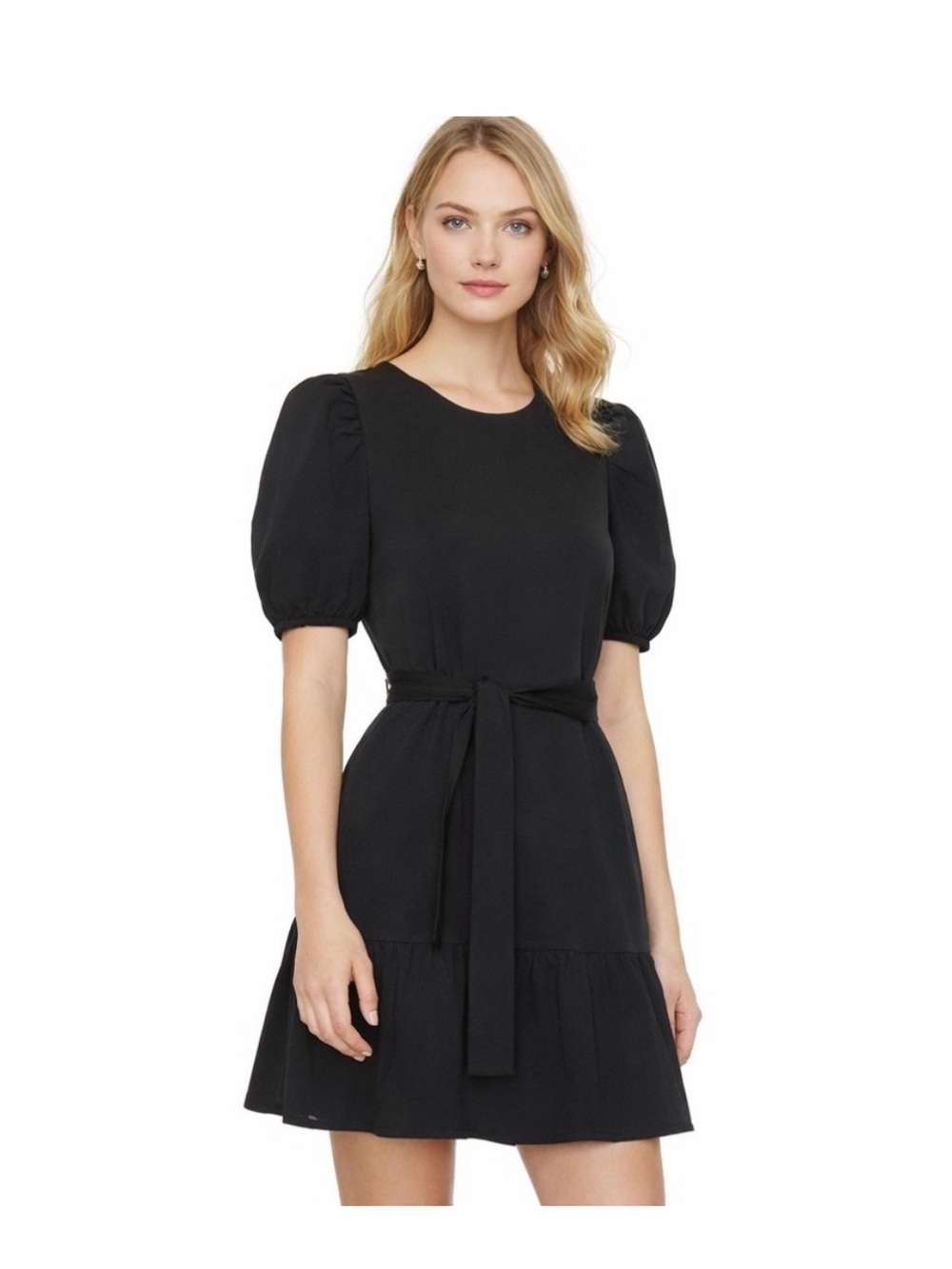 Nation LTD Evangeline Belted Puff Sleeve Cotton Mini Dress in Black Small LBD